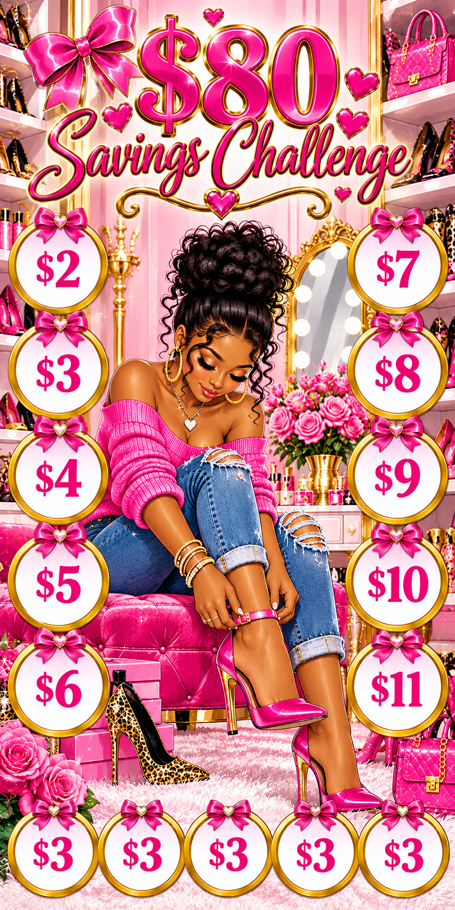 $80 Pink Heels Savings Challenge 3x6 (A6) No hole punch